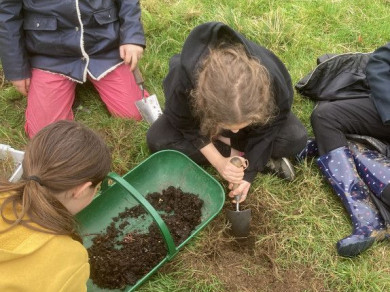 Children digging through soil
